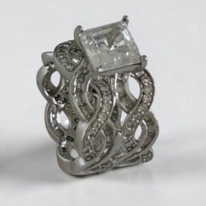 Sterling Silver CZ Siamond Solitaire Wide Band Wave Ring